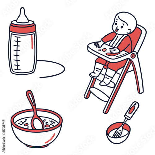 Baby feeding items bottle bowl spoon fork highchair sippy cup