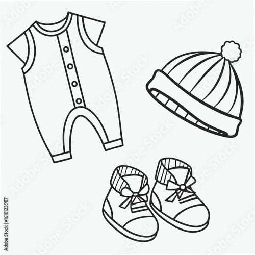 Baby onesie beanie and booties outline baby clothes footwear