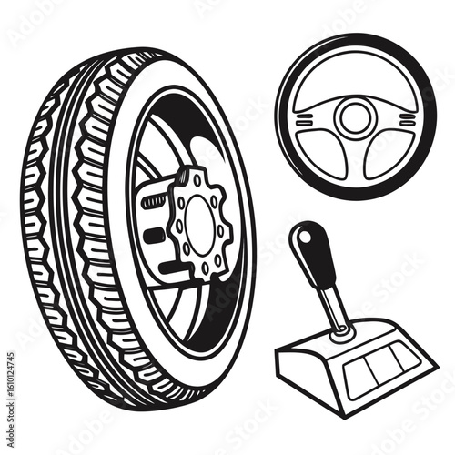 Black and white car parts tire steering wheel gear shift automotive