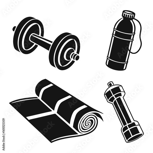 Black fitness equipment dumbbell yoga mat water bottle white weight