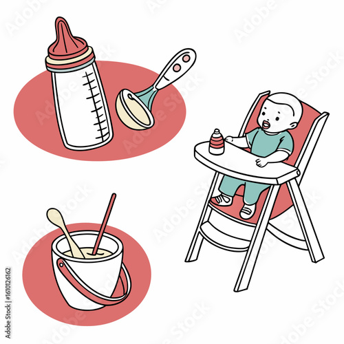 Baby feeding essentials with infant and accessories