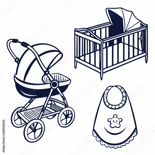Baby stroller crib bib icons infant