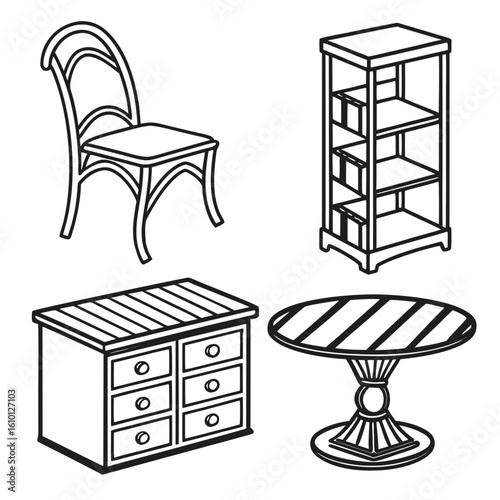 Chair table dresser shelf line art icons drawer