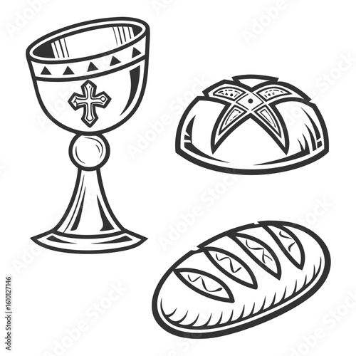 Chalice and bread icons with cross symbol communion religious
