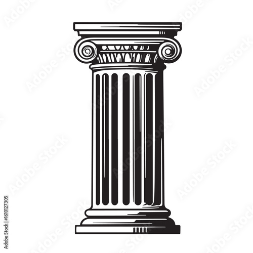 A detailed vintage art black and white illustration of an ionic column architecture element