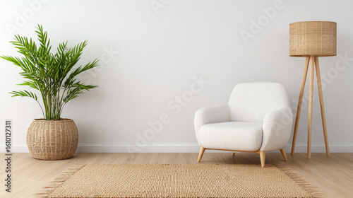 Cozy reading corner featuring stylish chair, tall lamp, and potted plant