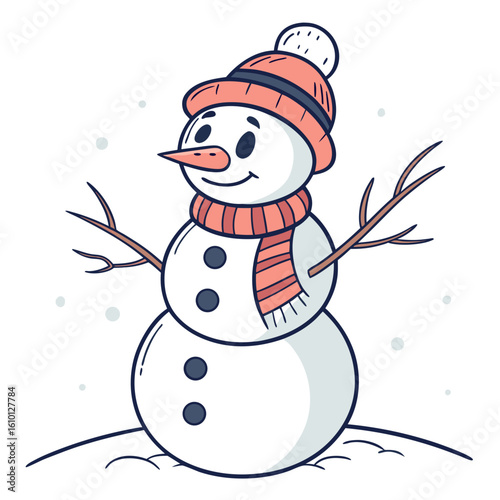 Cheerful snowman wearing coral hat and scarf winter holiday