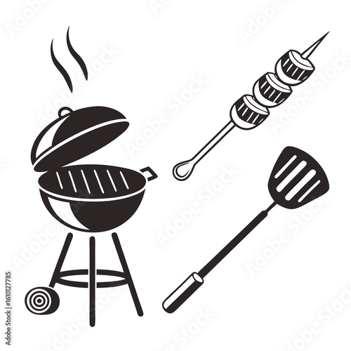 Black barbecue grill with spatula and meat skewer vector