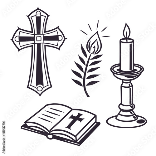 Christian cross candle and holy book icons bible flame
