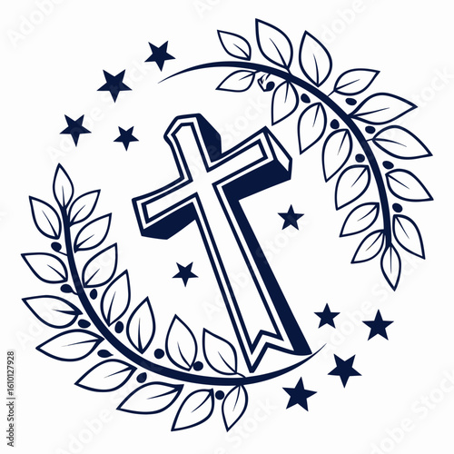 Christian cross with laurel wreath and stars emblem religious symbol