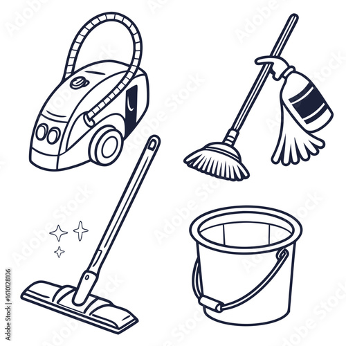 Cleaning tools vacuum broom mop bucket sparkles vector