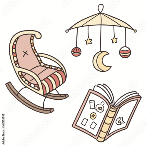 Cozy nursery rocking chair with storybook and celestial mobile baby