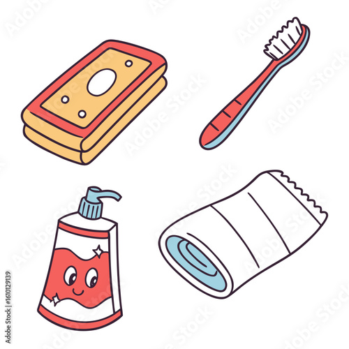 Cute cartoon hygiene items soap toothbrush toothpaste towel vector