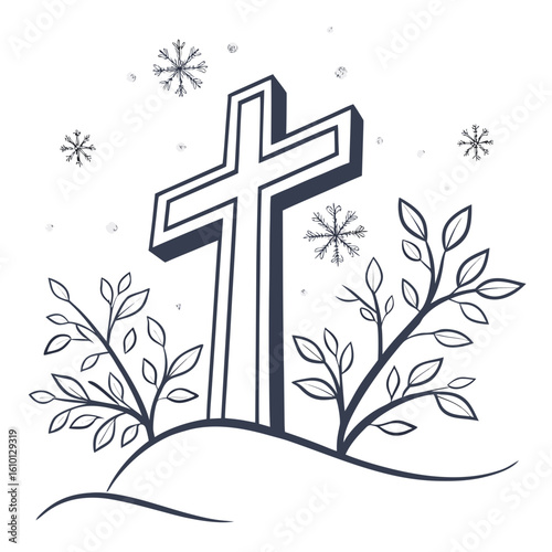 Dark blue cross with snowflakes and branches winter religious