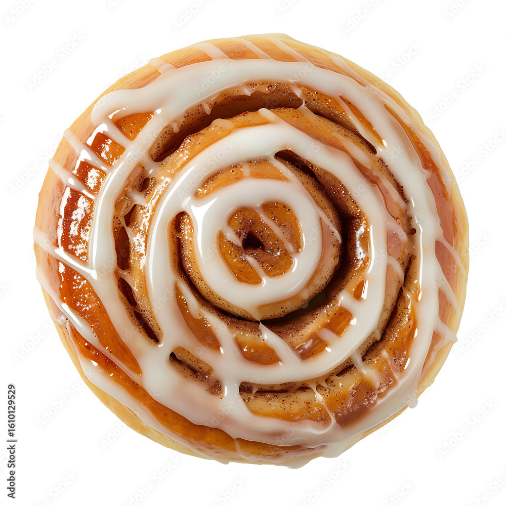 Fototapeta premium A close-up of a glazed cinnamon roll with a spiral pattern and white icing drizzle.