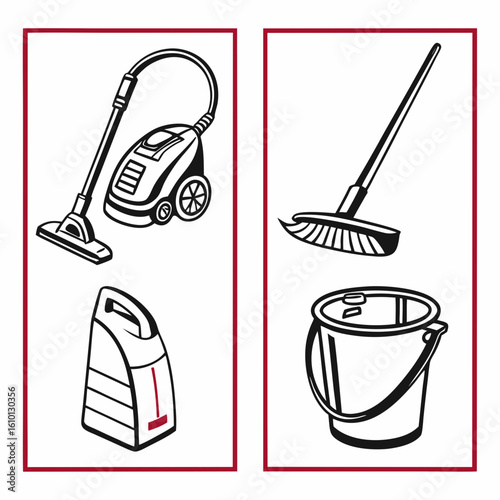 Cleaning tools and supplies icons vacuum cleaner broom