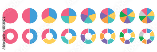 Pie charts diagram set. Circle pie charts design. Pie chart divided. Color pizza or donut round diagram. Infographic wheel segment. Bar graphs, statistics, pie charts, icons. Vector illustration