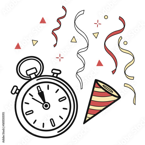 Countdown clock with party popper and streamers confetti