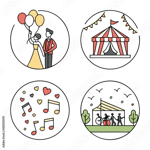 Couple balloons circus music park yellow white