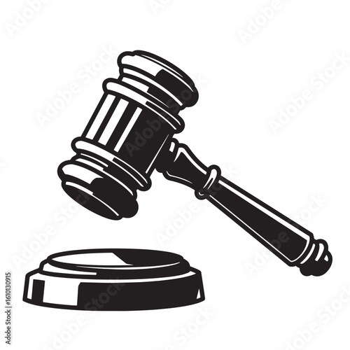 Classic black and white illustration of a judge's gavel and sound block for law and justice