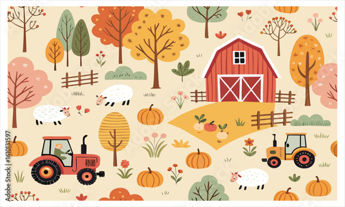 Charming farm scene with animals tractors and autumn elements