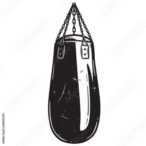 Classic black and white vintage art illustration of a suspended boxing punching bag