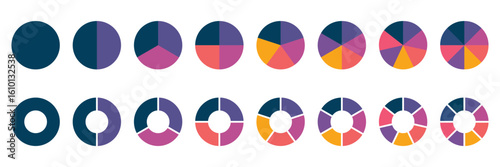 Set of colorful pie charts. Colorful pie charts with varying segments. Circle section graph. Pie chart set. Pie charts diagrams. Different color circles. donut and pie chart infographic elements set.