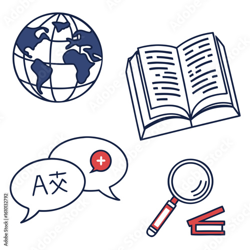 Globe book speech bubbles magnifying glass and stapler vector