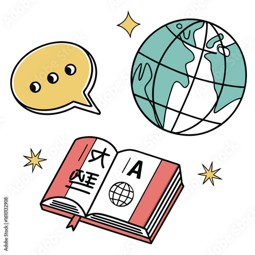 Globe speech bubble and open book with characters and stars language learning