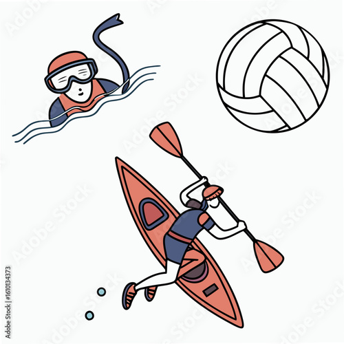 Kayaker swimmer and volleyball on white background kayaking snorkeling