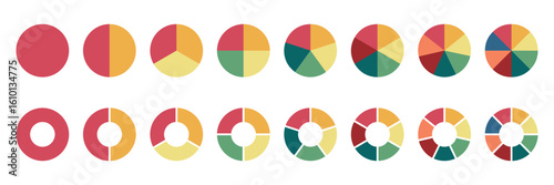 Set of colorful pie charts. Colorful pie charts with varying segments. Circle section graph. Pie chart set. Pie charts diagrams. Different color circles. donut and pie chart infographic elements set.