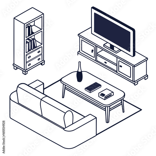 Living room furniture isometric line art sofa television