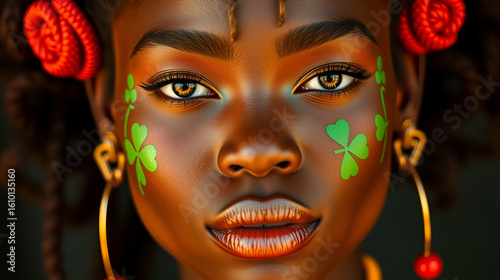 Black woman with glowing skin, Celtic-inspired hairpins, and clover patterns painted on her cheekbones
