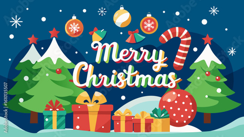 Merry Christmas Banner – Handwritten Holiday Greeting with Christian Catholic Festive Design