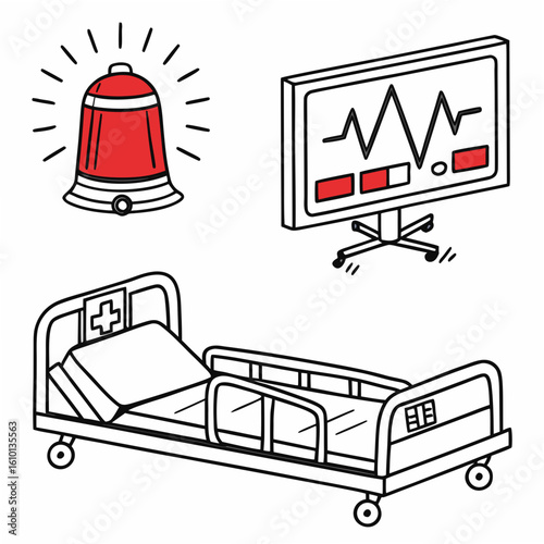 Medical icons hospital bed siren and E K G monitor vector