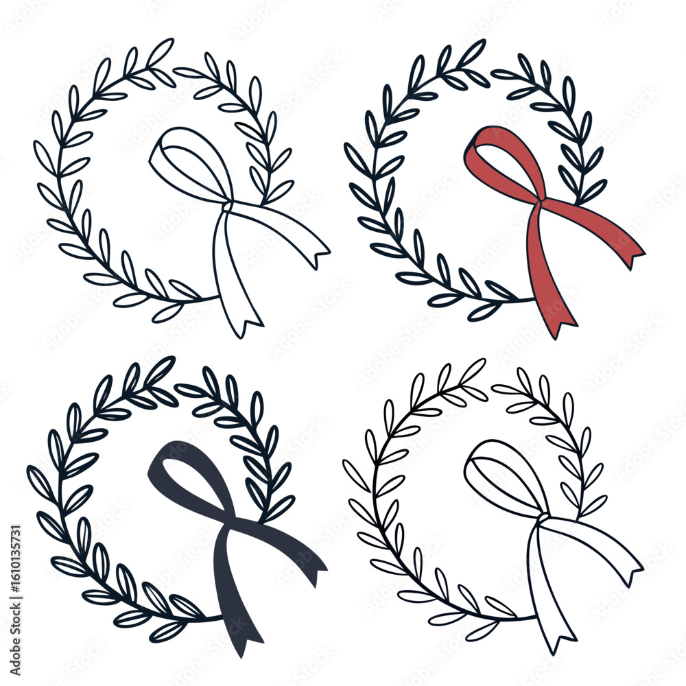 Fototapeta premium Minimalist laurel wreaths with ribbon variations foliage