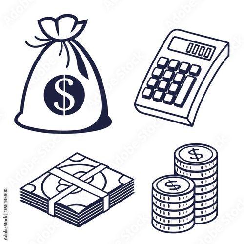 Money bag calculator banknotes and coins icons dollar sign