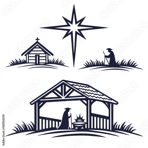 Nativity scene star stable manger shepherd vector