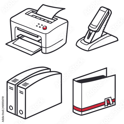 Office supplies icons printer stapler binders office equipment