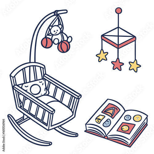 Nursery rocking chair with teddy bear mobile and storybook vector