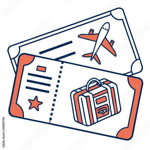 Orange airplane and suitcase travel tickets holiday