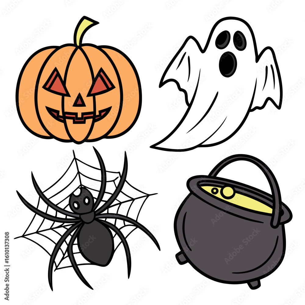 Fototapeta premium Orange pumpkin ghost spider cauldron spooky icons halloween