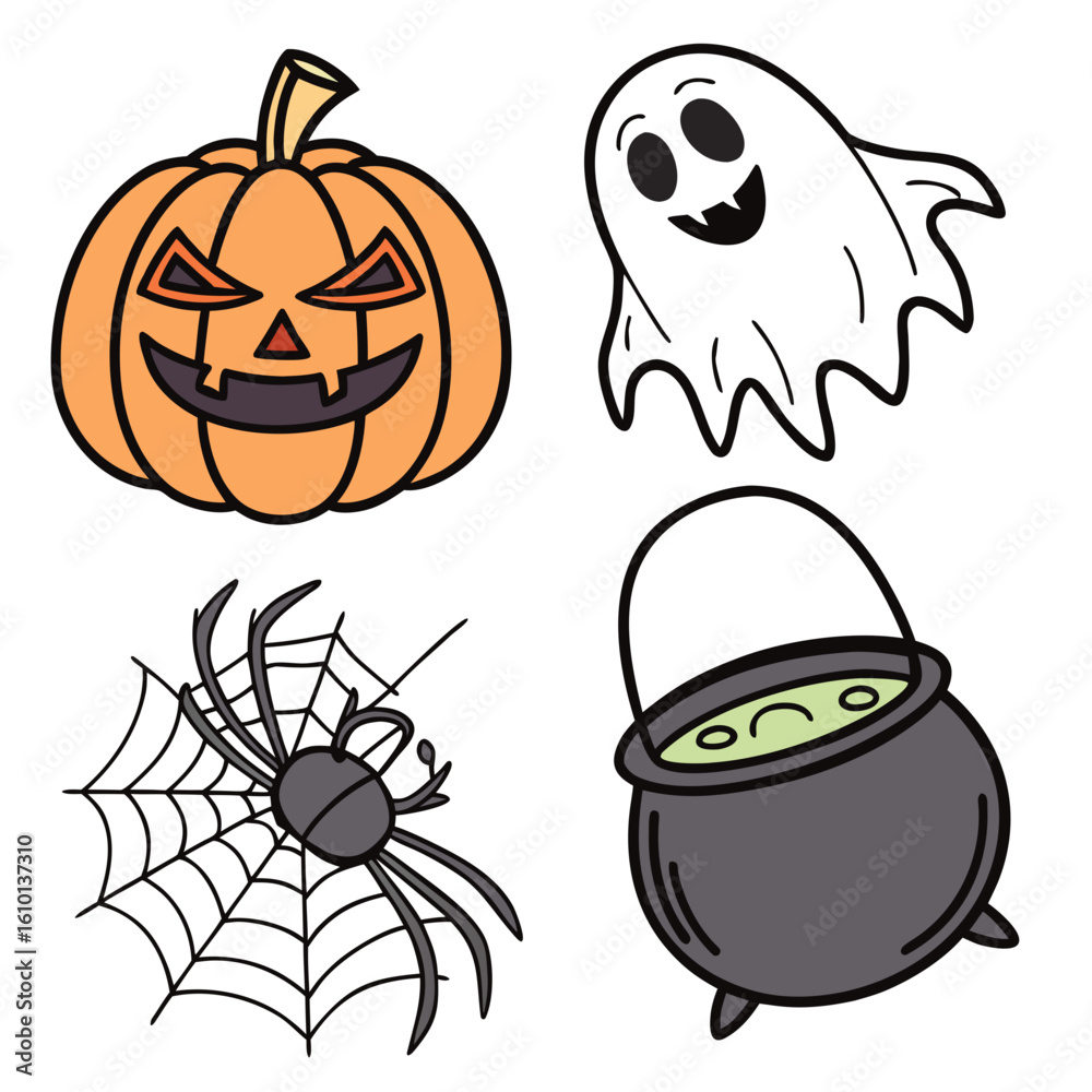 Fototapeta premium Orange pumpkin ghost spider cauldron with cobweb halloween