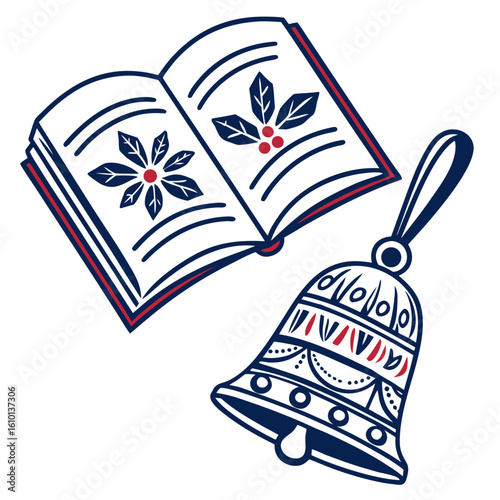 Open book with poinsettia and festive bell christmas holly