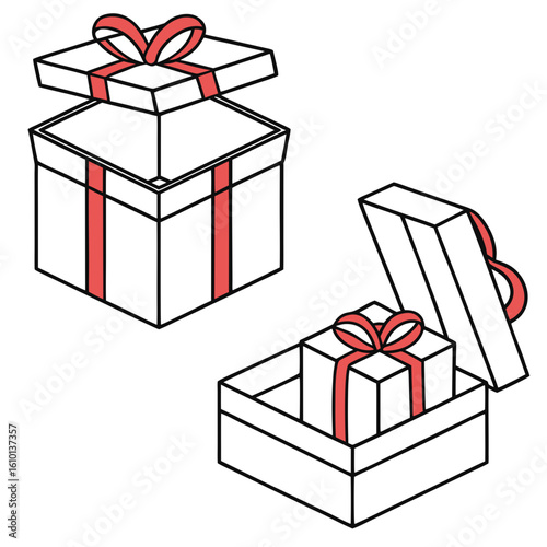 Open gift boxes with red ribbons present