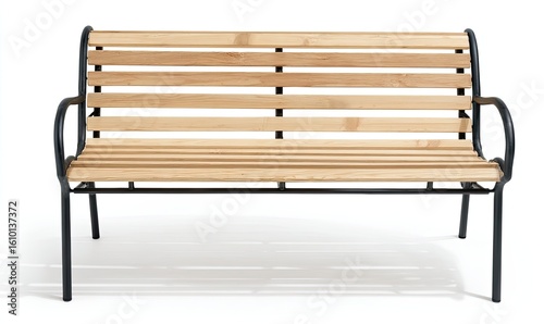 Light beige wooden park bench with black metal frame