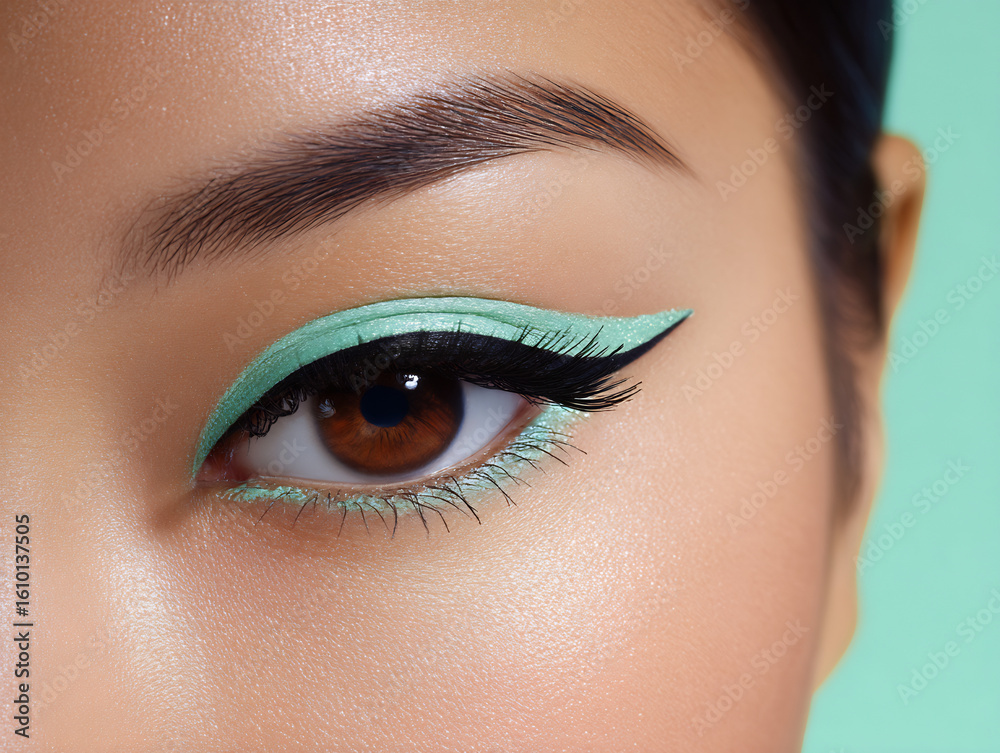 Fototapeta premium pastel green background with focus on winged eyeliner