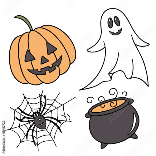 Orange pumpkin ghost spider cauldron halloween jack o lantern