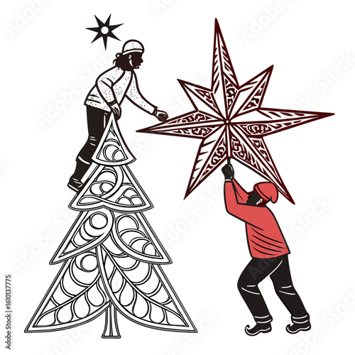 People placing star on Christmas tree topper