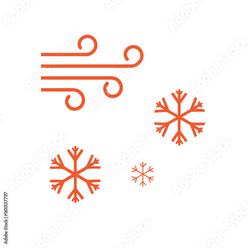 Orange wind and snowflake icons on white weather blizzard